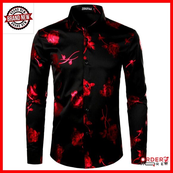 Slim Fit Long Sleeve Button Down Shirt with Floral Print Stretch Fabric
